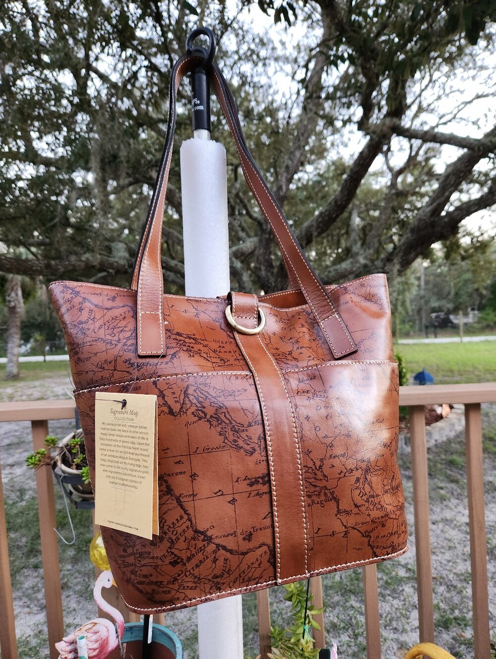 Signature Cognac Map-Print Leather Tote By Patrica Nash NWT